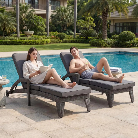 Outdoor Wicker Chaise Lounge Set Of 2 With Adjustable Positions