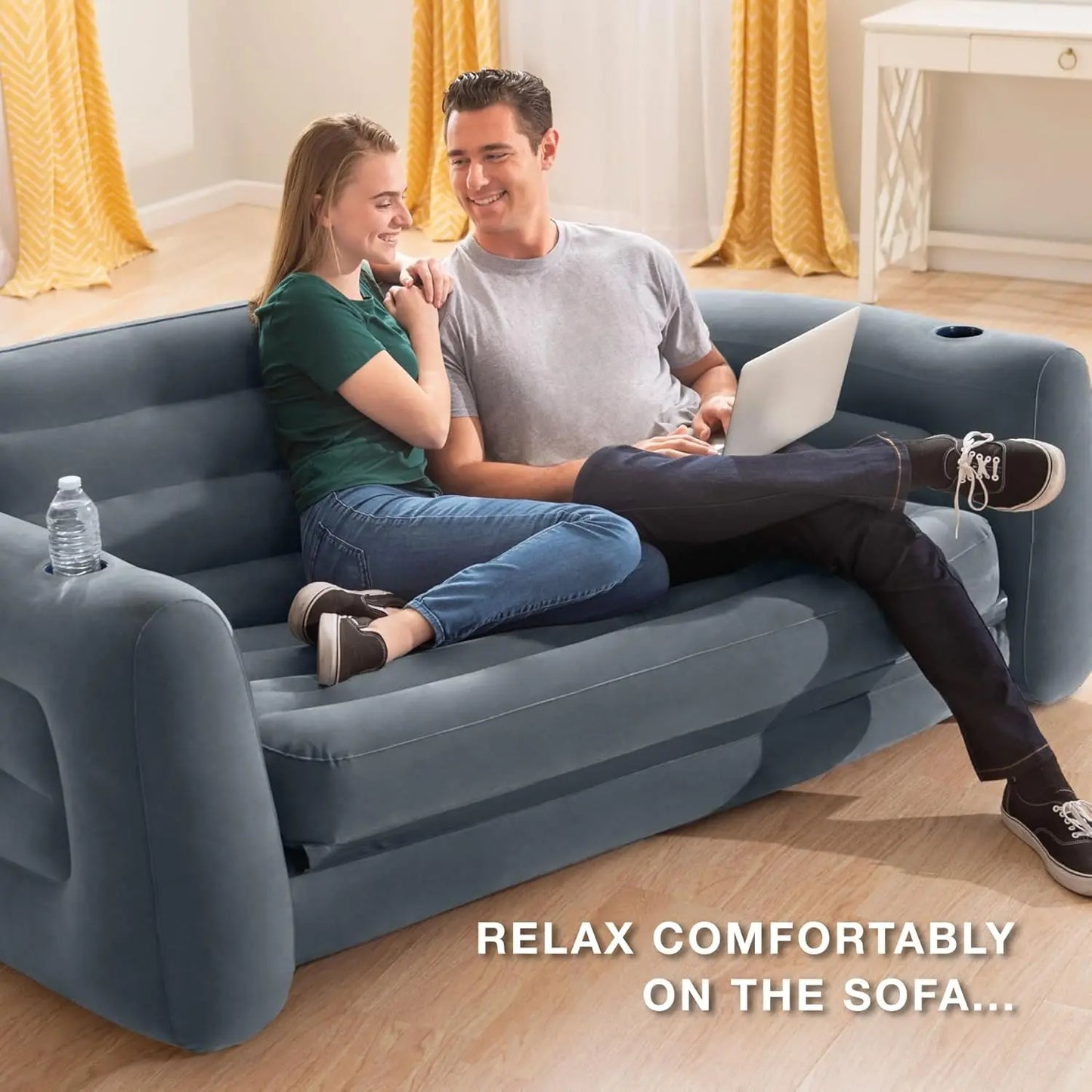 Inflatable Pullout Sofa Bed 2-In-1 With Cupholders And Quick Setup