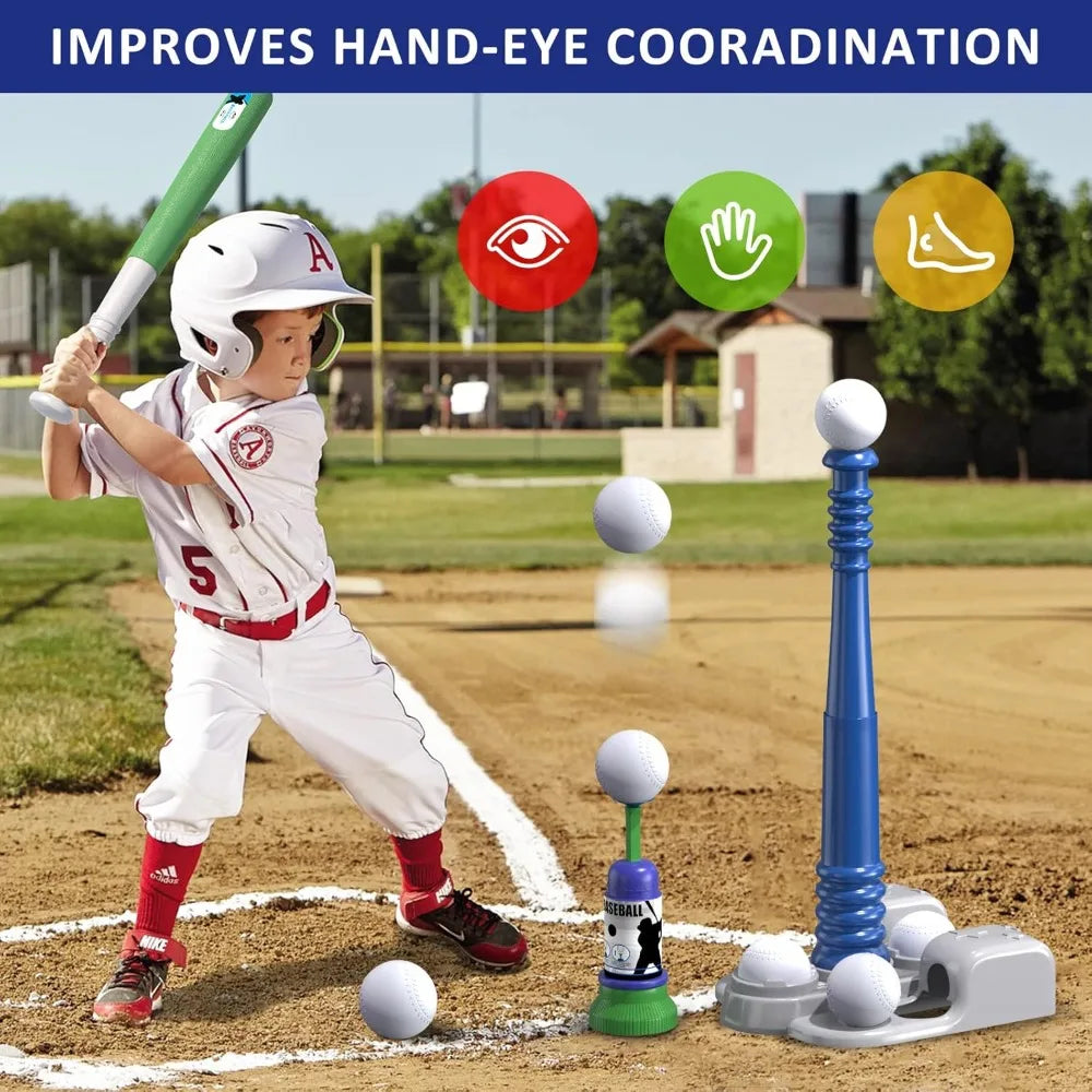 2 In 1 T Ball Set With Automatic Pitching Machine 6 Balls And Adjustable Tee
