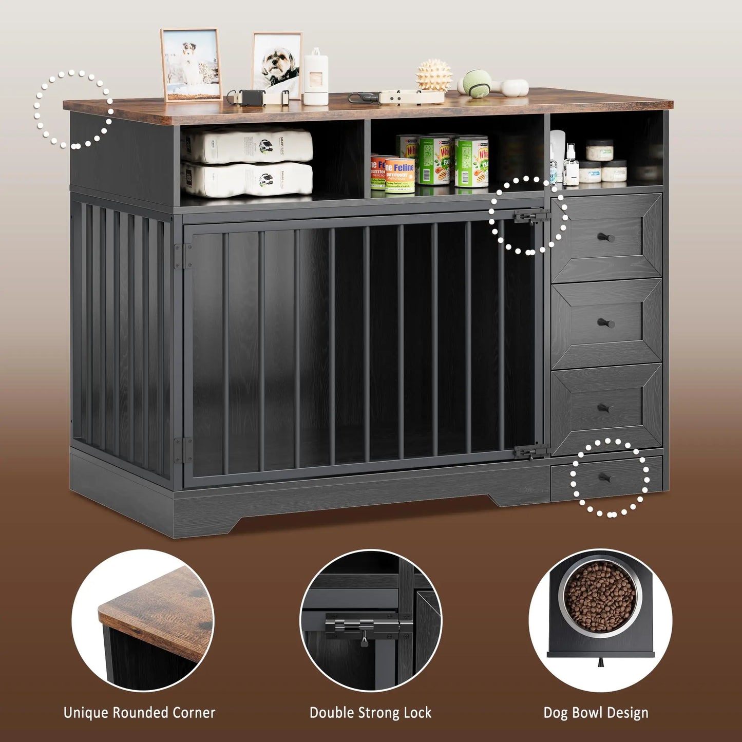 HiMISS Farmhouse Dog Crate End Table With Storage Drawers