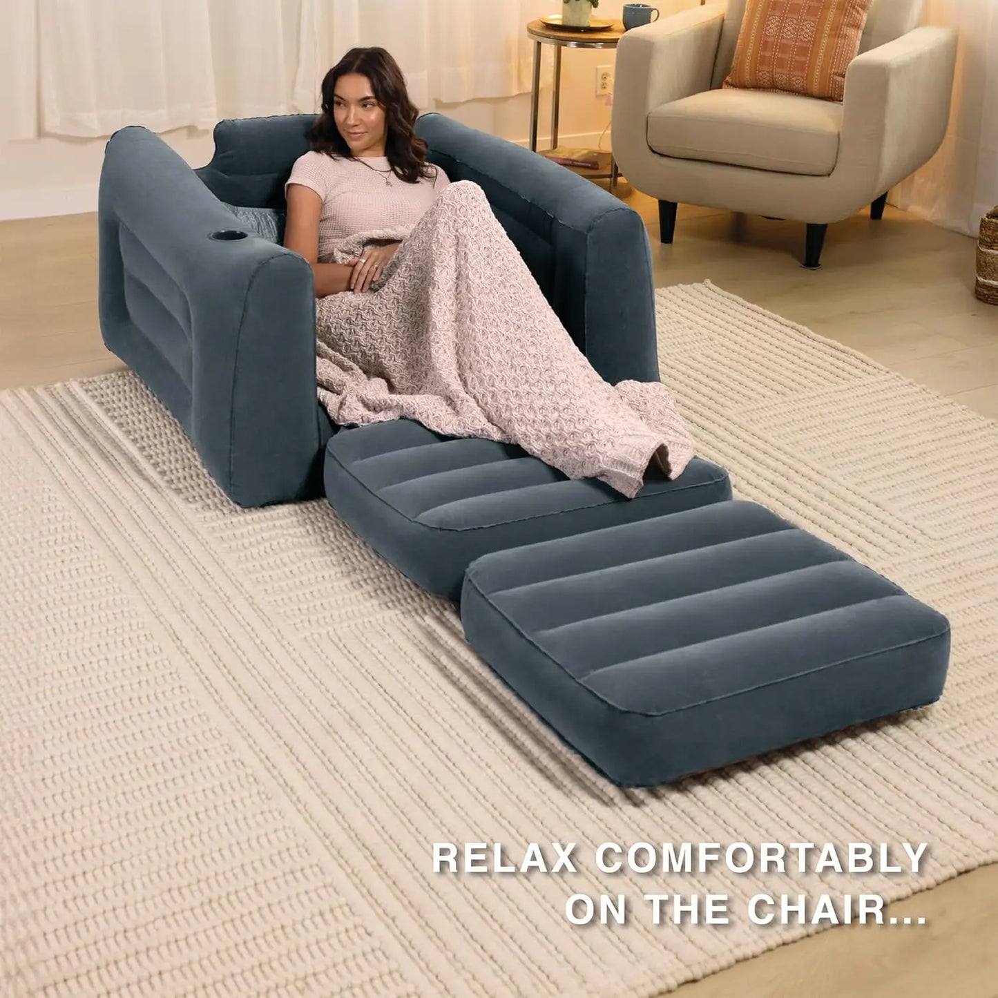 Inflatable Pull-Out Chair With Cupholder And Velvety Surface 2-In-1 Valve