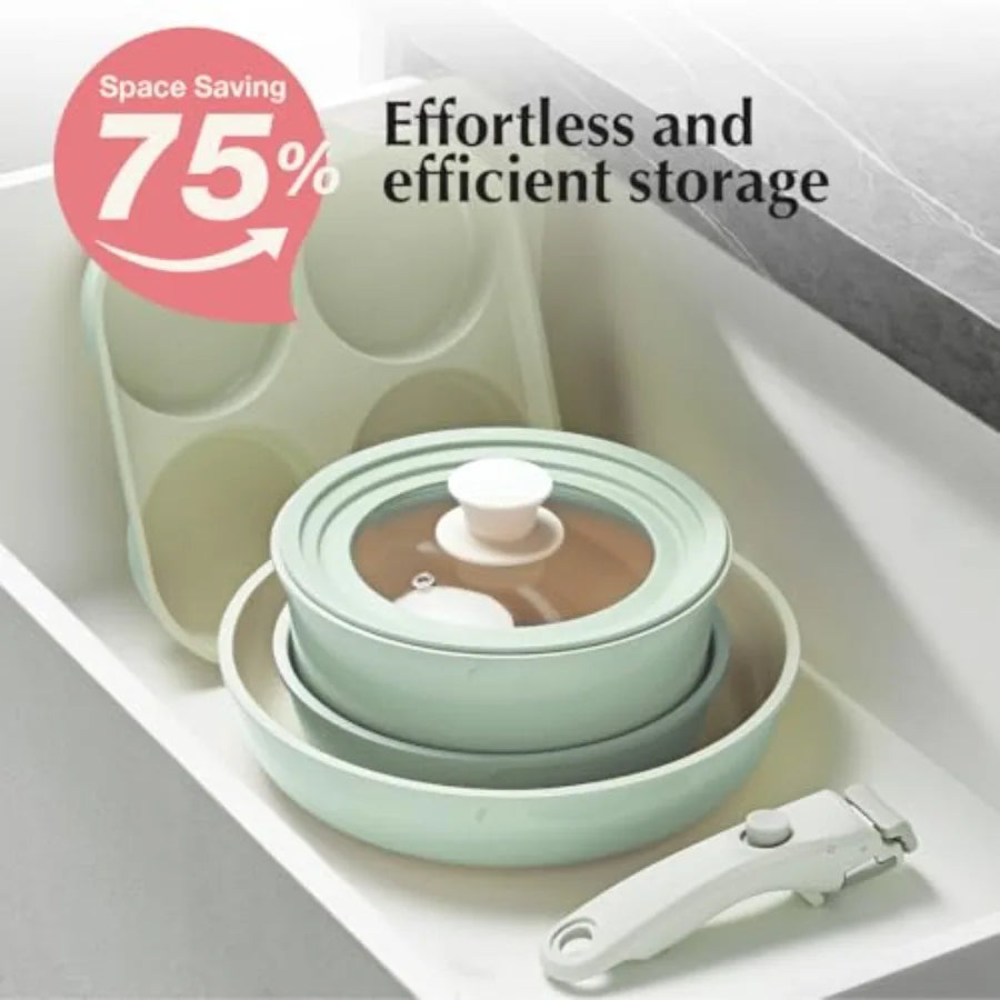 Ceramic Nonstick Cookware Set With Detachable Handle Induction Compatible