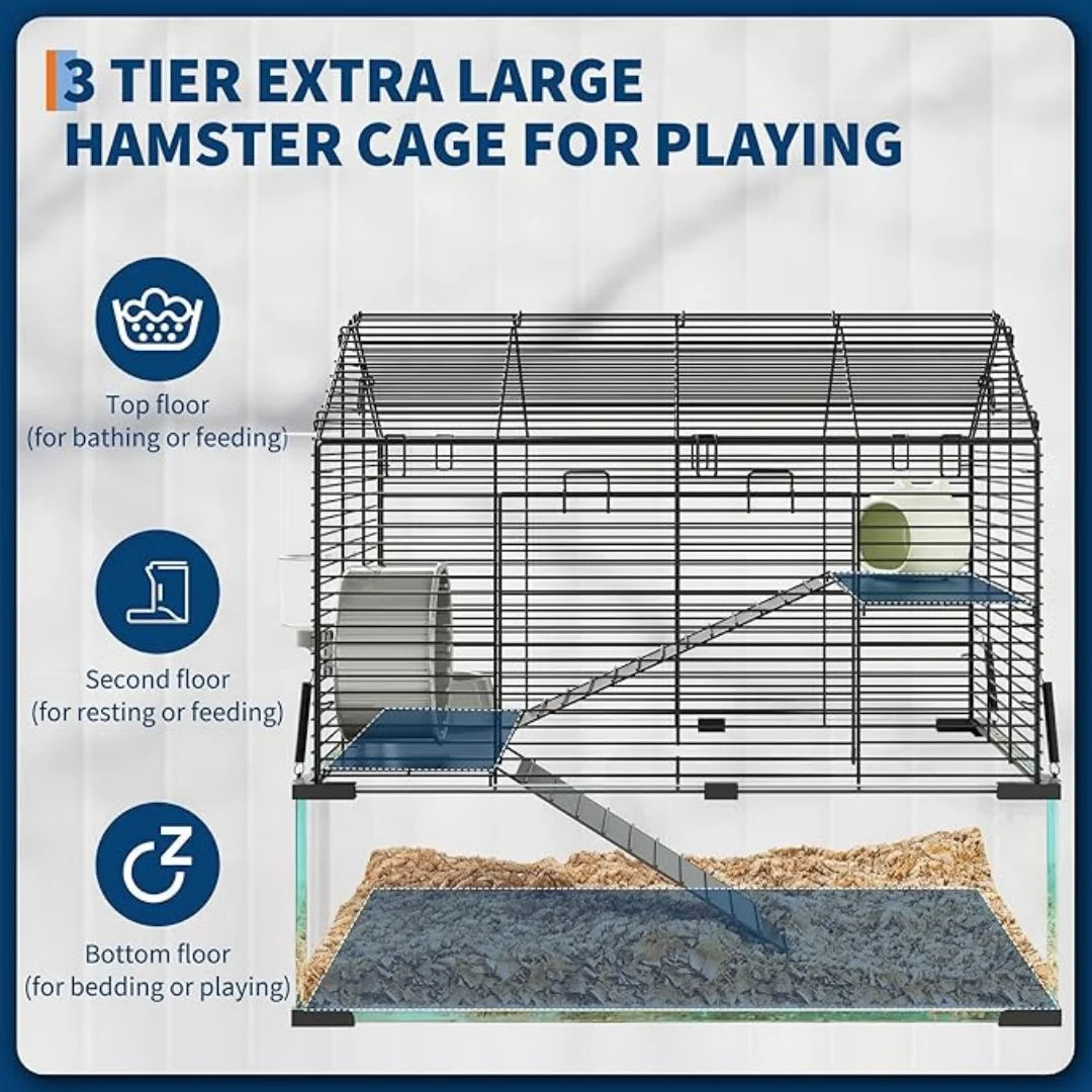 HiMISS Three Tier Hamster Enclosure With Glass Panels For Small Pets