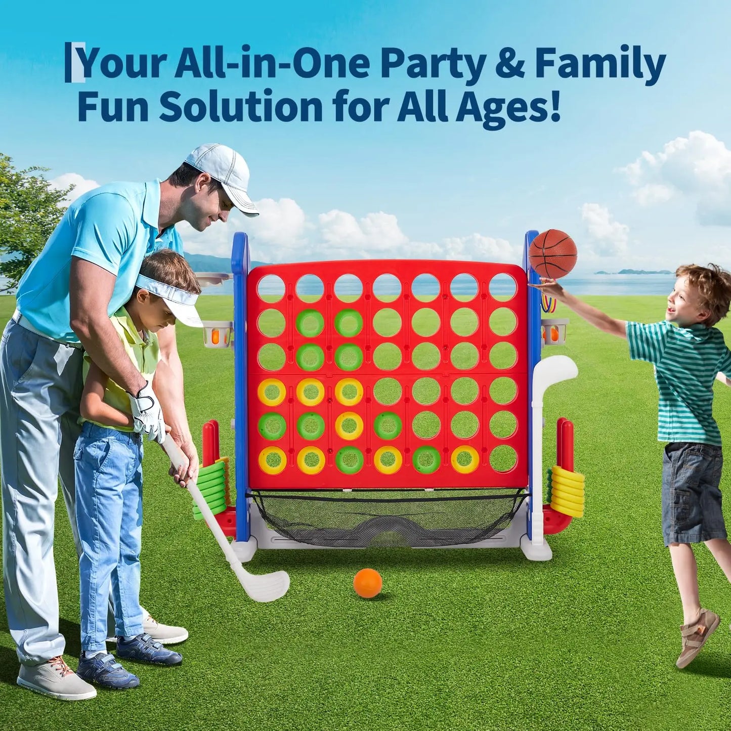 HiMISS Giant 4 In A Row 4 In 1 Yard Game Set With Basketball Hoop Ring Toss