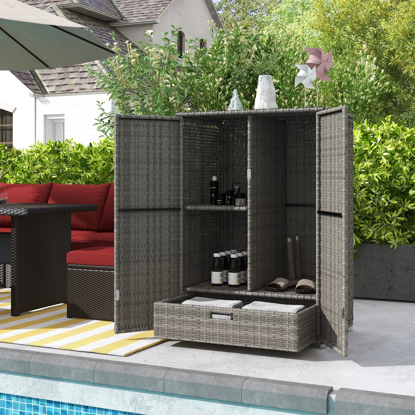 Outsunny Outdoor Wicker Towel Rack for Pool with Drawer