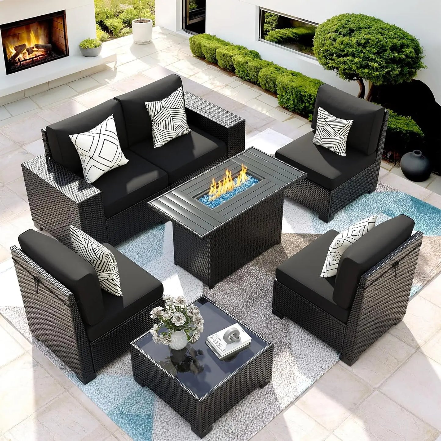XIAOLANG Patio 7Piece Outdoor Wicker Sectional Set With Fire Pit