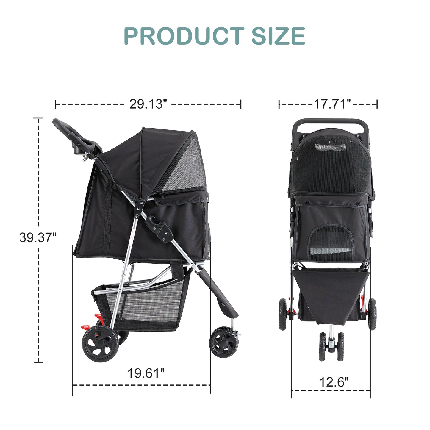 Foldable Three Wheel Pet Stroller For Small Dogs And Cats With Mesh Windows