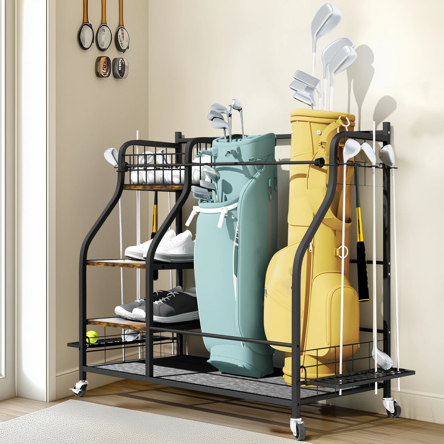 Rolling Golf Bags Storage Rack With Wheels 3 Tier Organizer