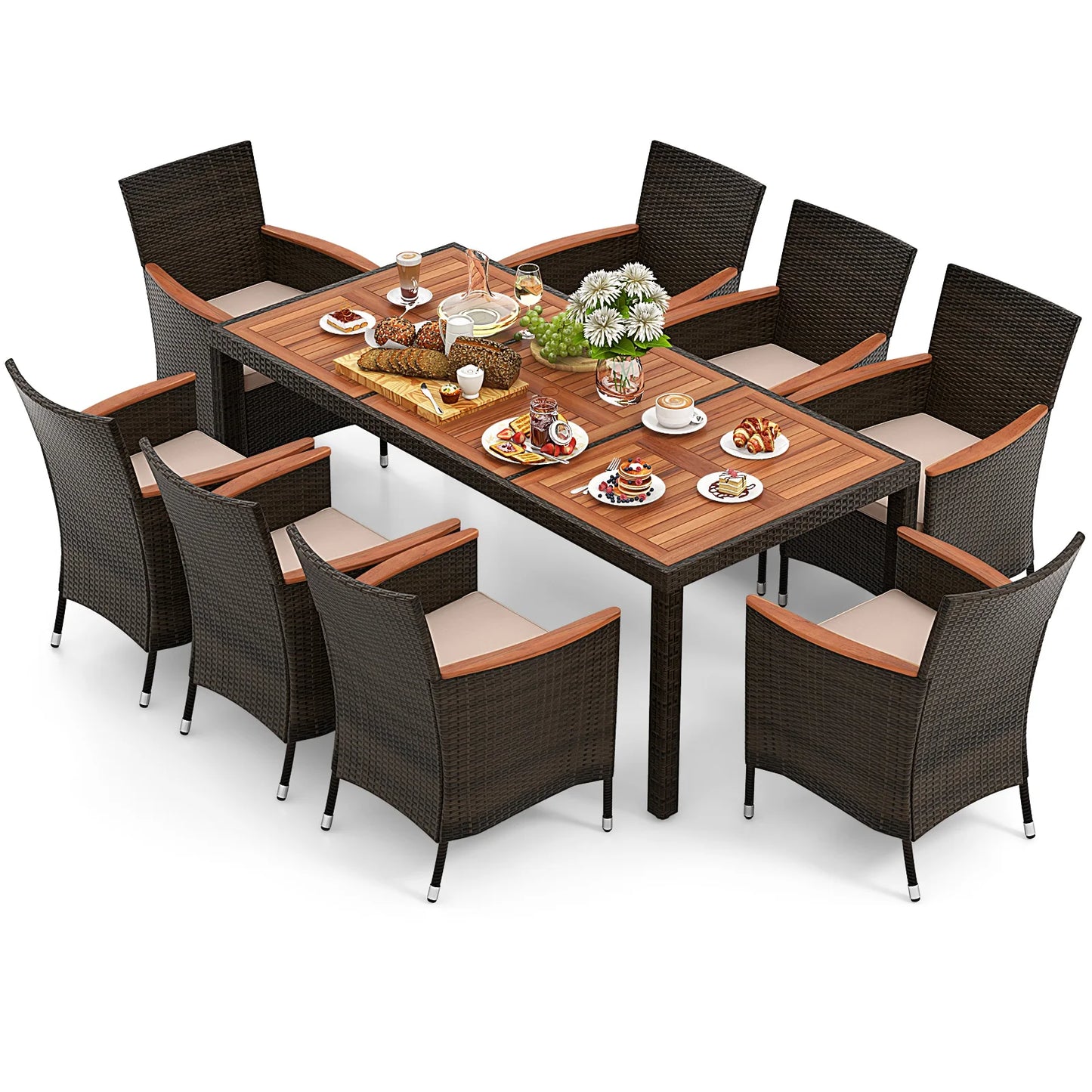 HOMASIS 9-Piece Patio Wicker Dining Set With Acacia Table