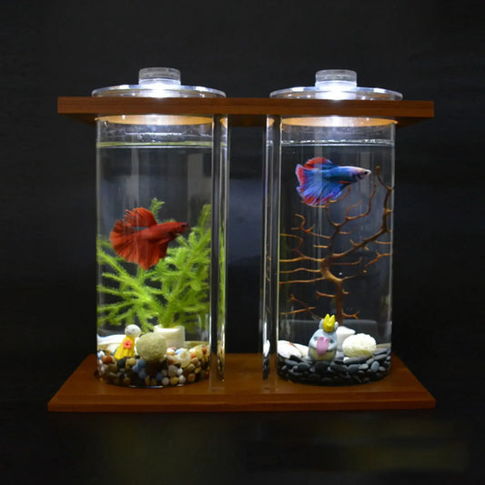 Glass Betta Fish Tank With LED Light And Bamboo Base
