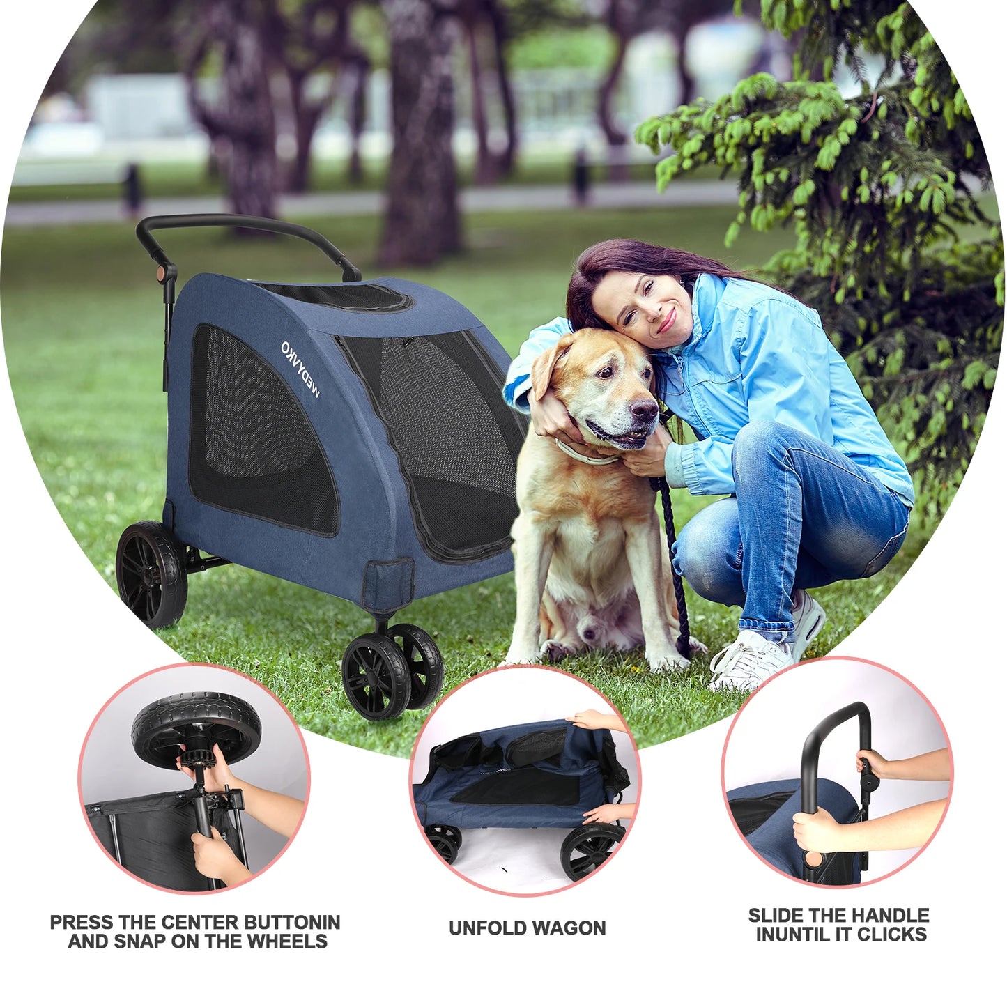 Heavy Duty Dog Stroller For Large Dogs Foldable 360 Wheels