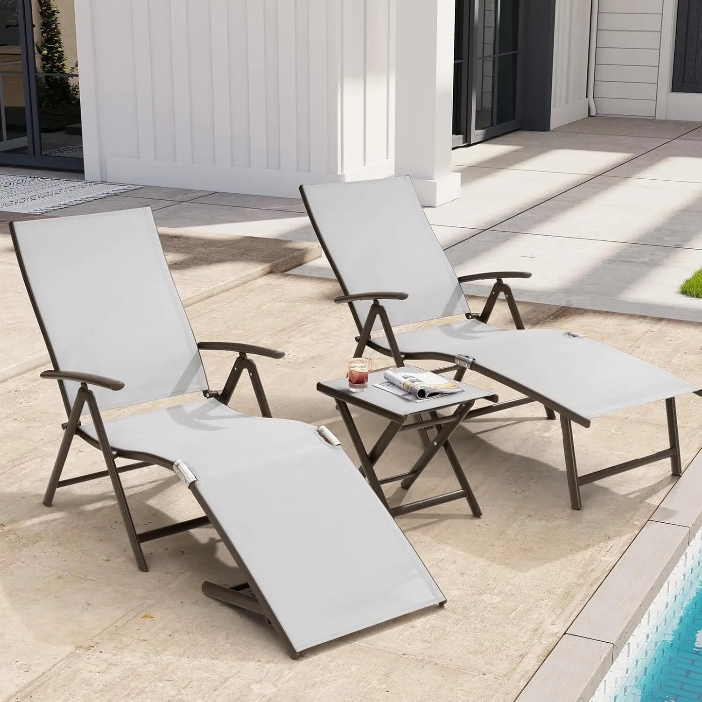 Adjustable 8-Position Aluminum Folding Chaise Lounge Outdoor Chair Set