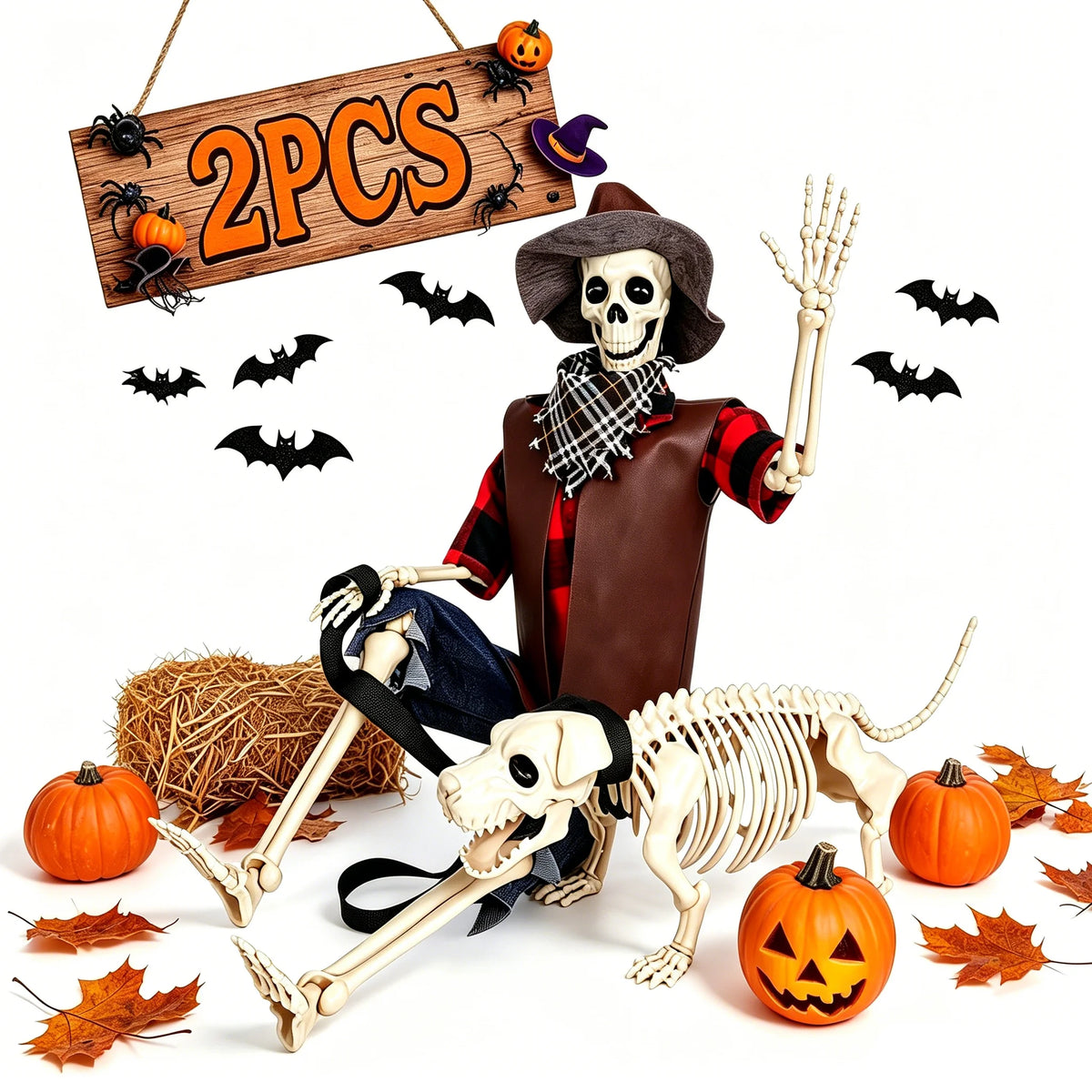 Posable Cowboy Skeleton and Dog Halloween Yard Decorations