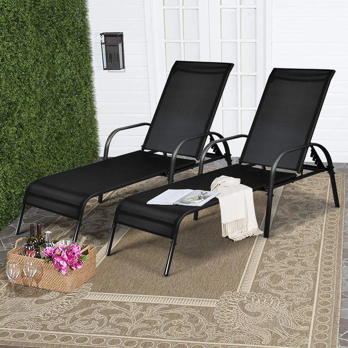 Adjustable Backrest Patio Outdoor Lounge Chairs 2Pack With Reclining Frame