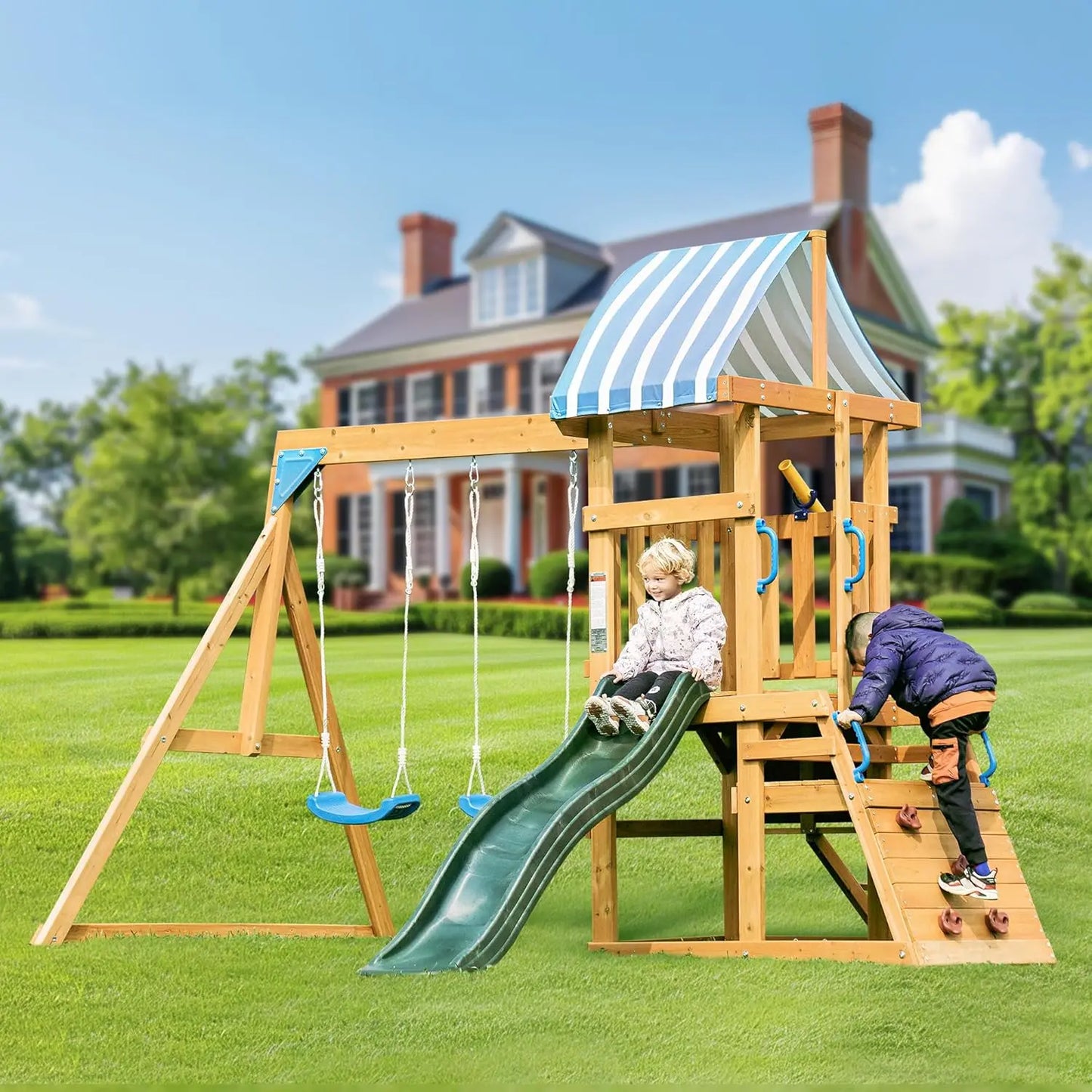 Rolife Robud Wooden Swing Set With Dual Swings And Fort