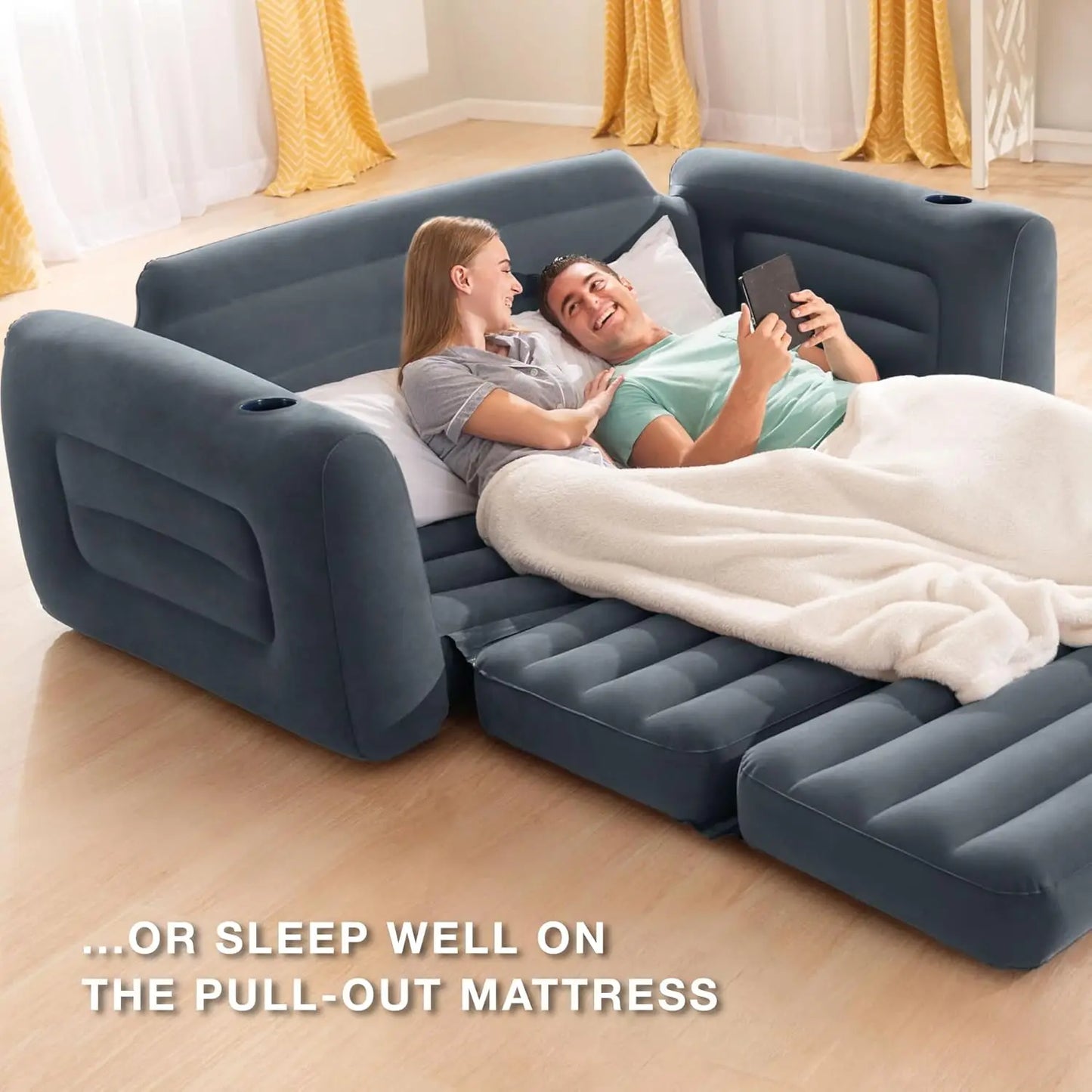 Inflatable Pullout Sofa Bed 2-In-1 With Cupholders And Quick Setup