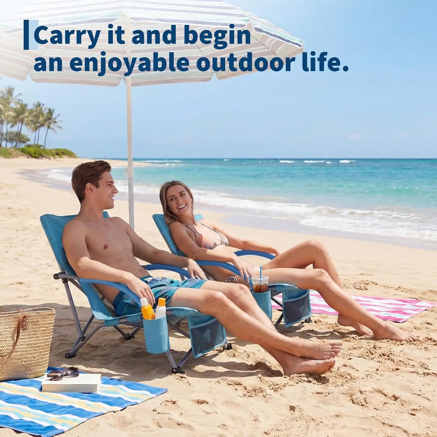 HiMISS High Back Folding Beach Chair With Cup Holder