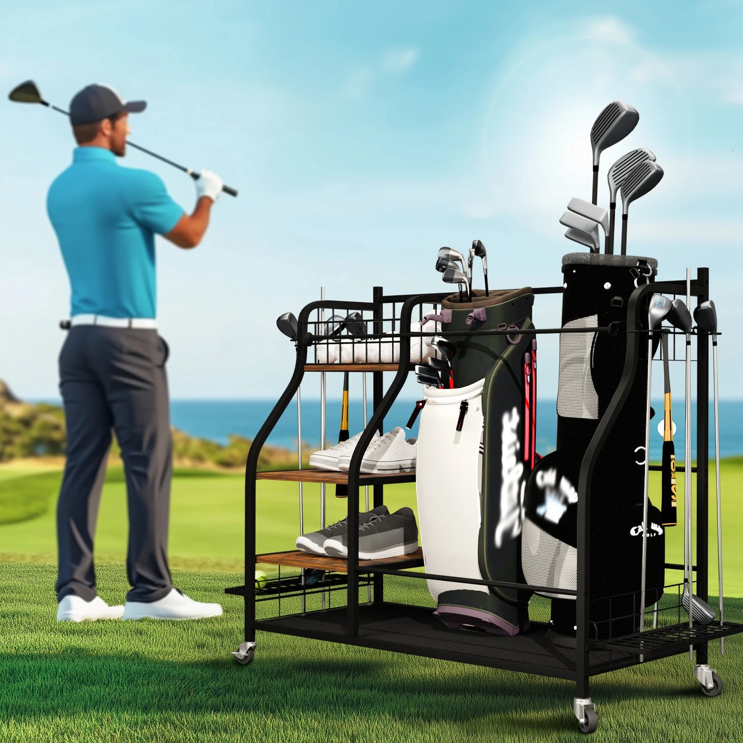 Rolling Golf Bags Storage Rack With Wheels 3 Tier Organizer