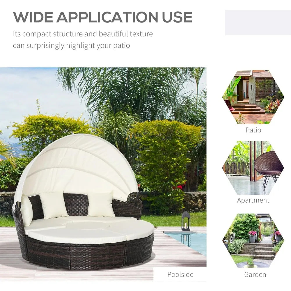 Round Convertible Outdoor Daybed Set With Canopy And Cushions