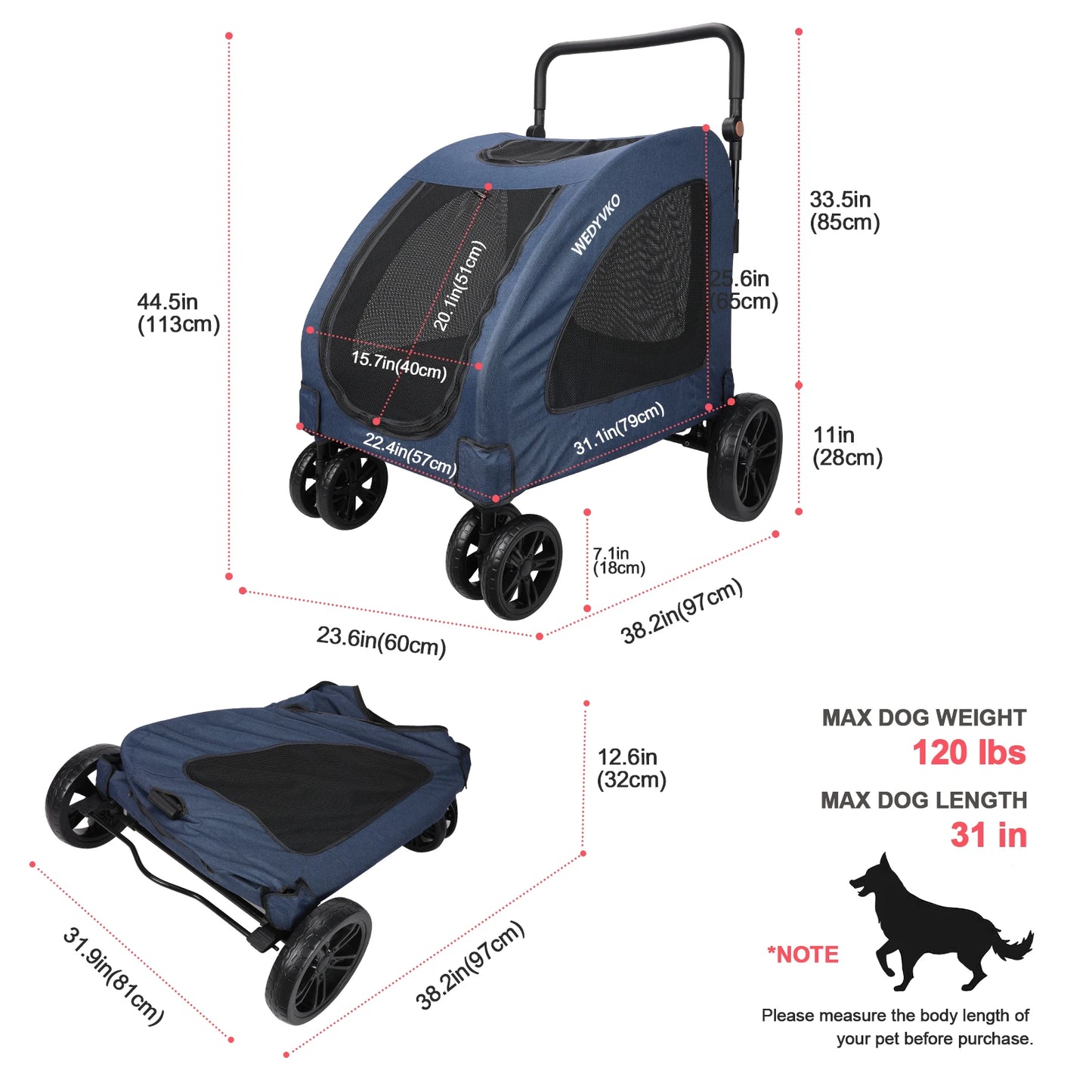 Heavy Duty Dog Stroller For Large Dogs Foldable 360 Wheels