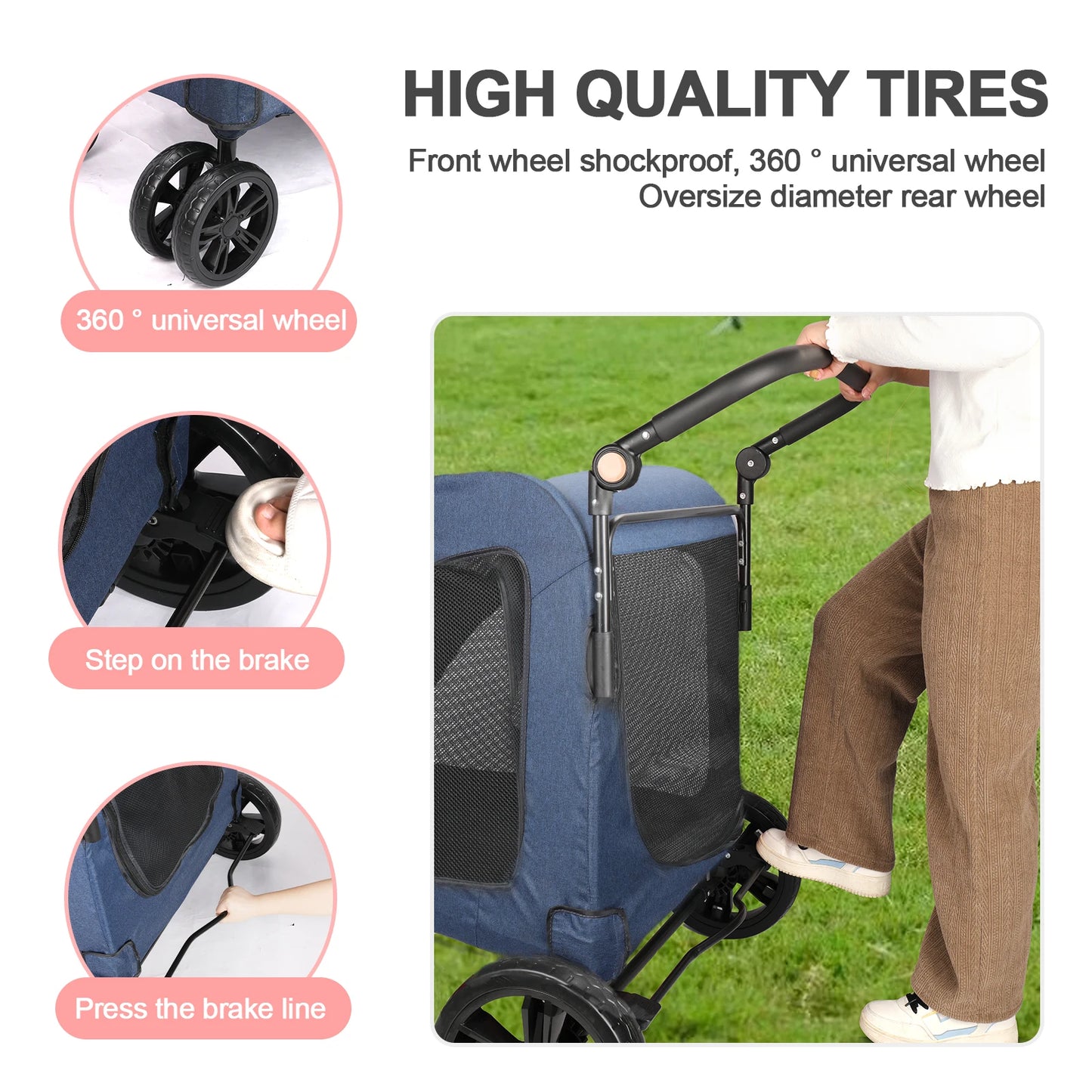 Heavy Duty Dog Stroller For Large Dogs Foldable 360 Wheels