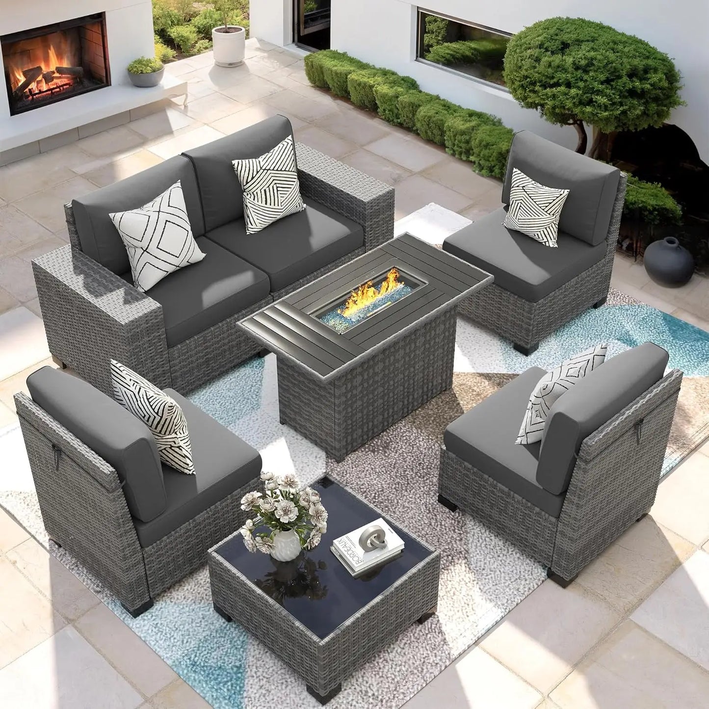XIAOLANG Patio 7Piece Outdoor Wicker Sectional Set With Fire Pit