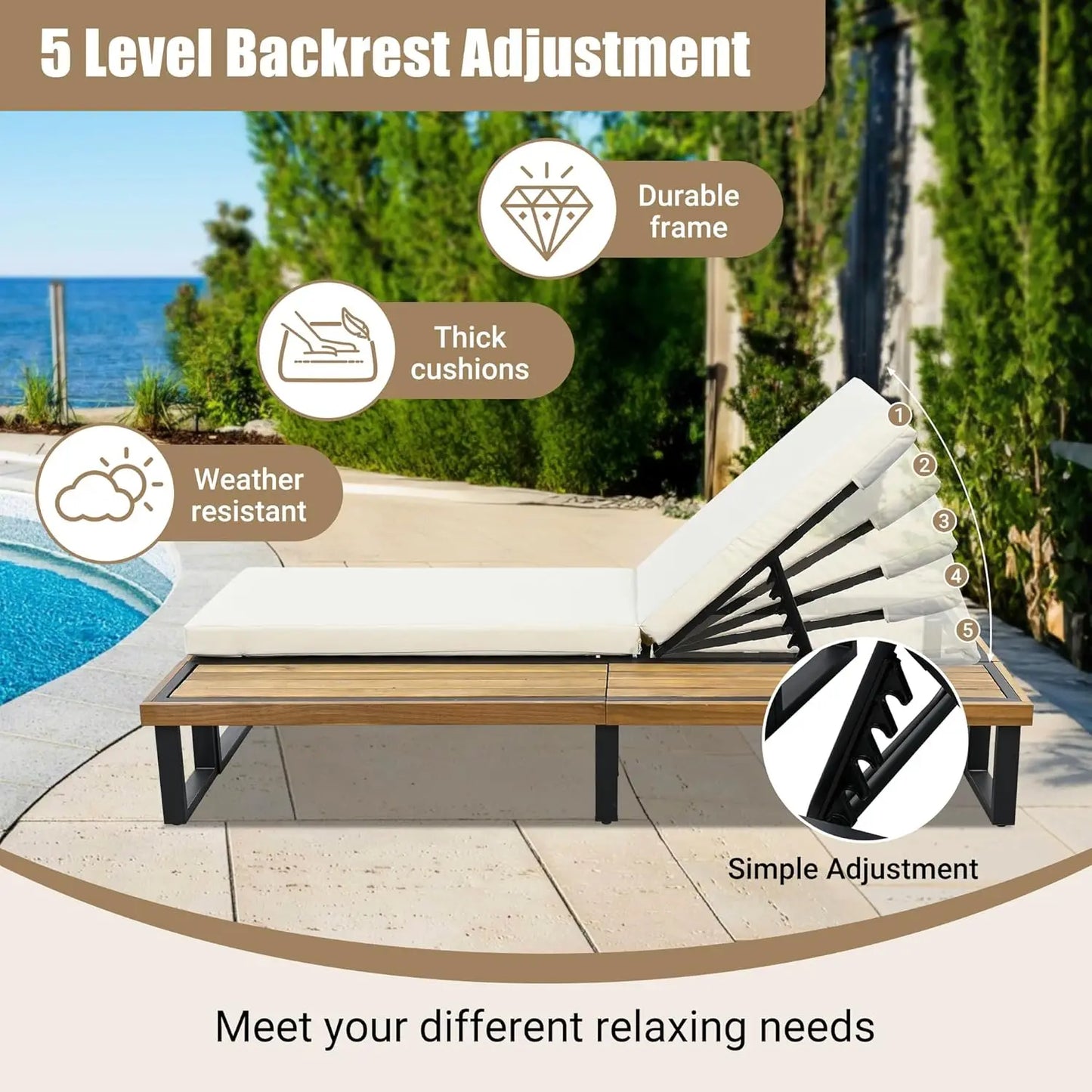 Five-Position Adjustable Outdoor Chaise Lounge Set With Table