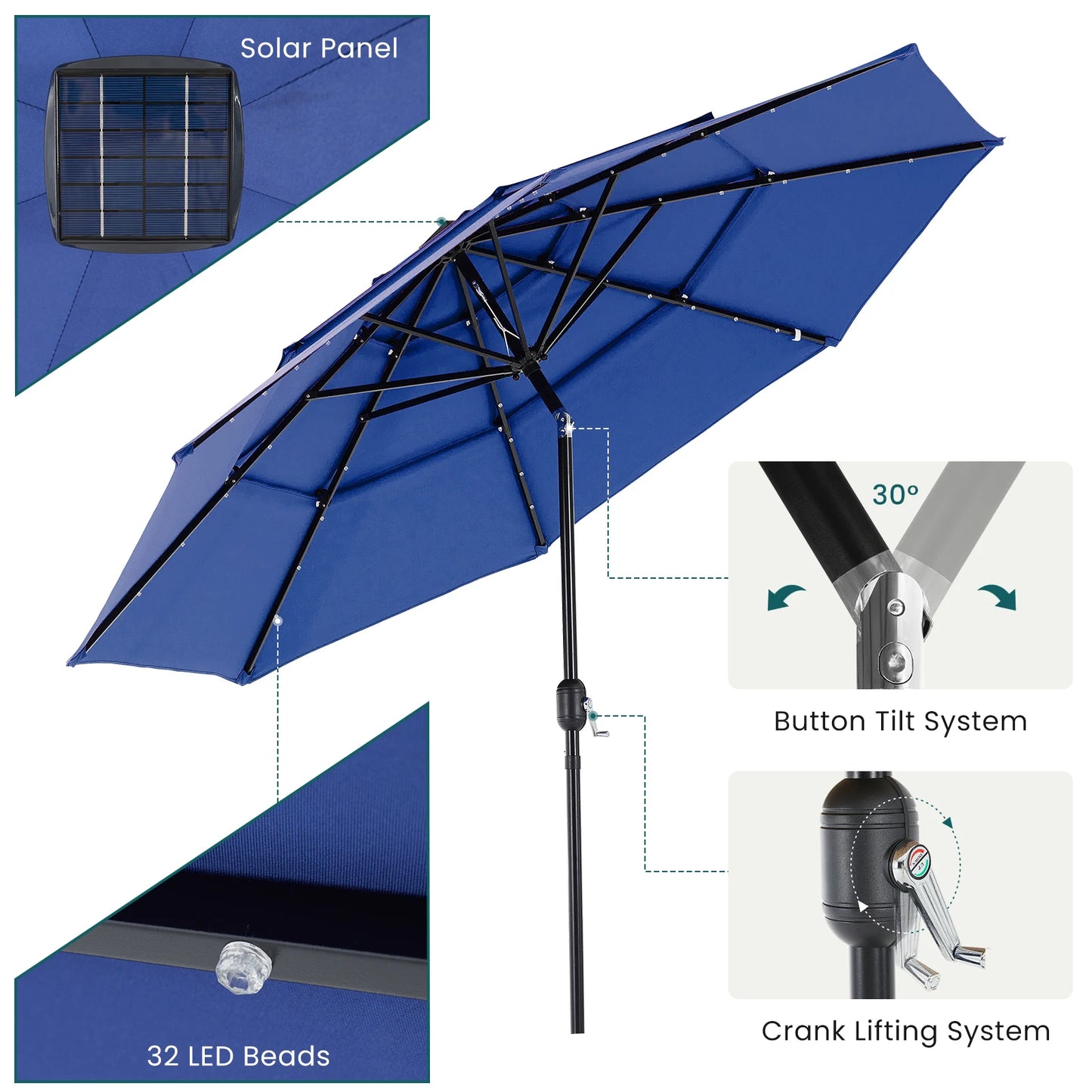 JHK 3-Tier Outdoor Patio Umbrella With Solar LED Lights