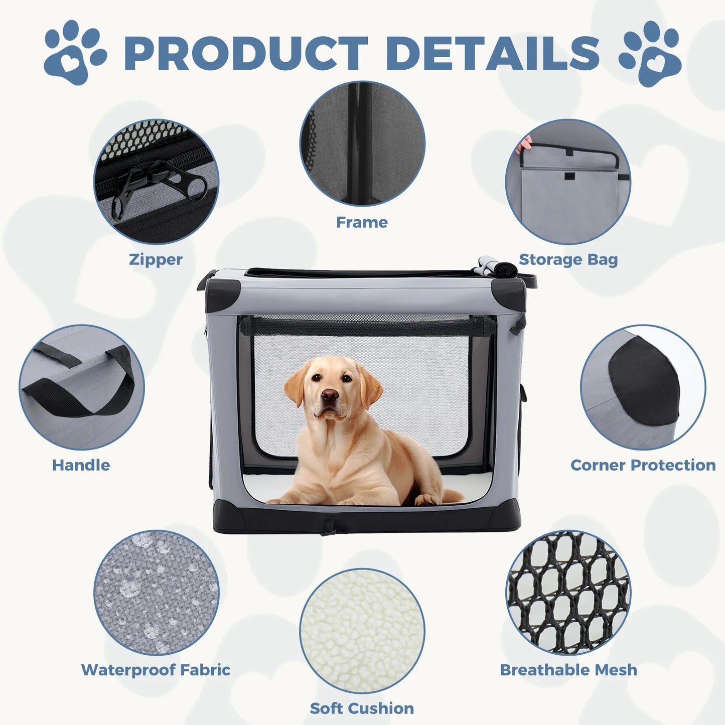JHK Oxford Foldable Dog Crate With 3 Doors Portable Kennel Indoor