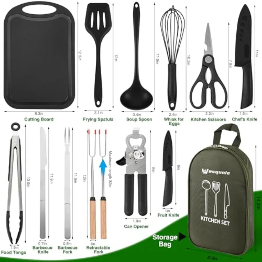 Camping Essentials Stainless Steel Cookware Utensil Set Portable Camp Kitchen
