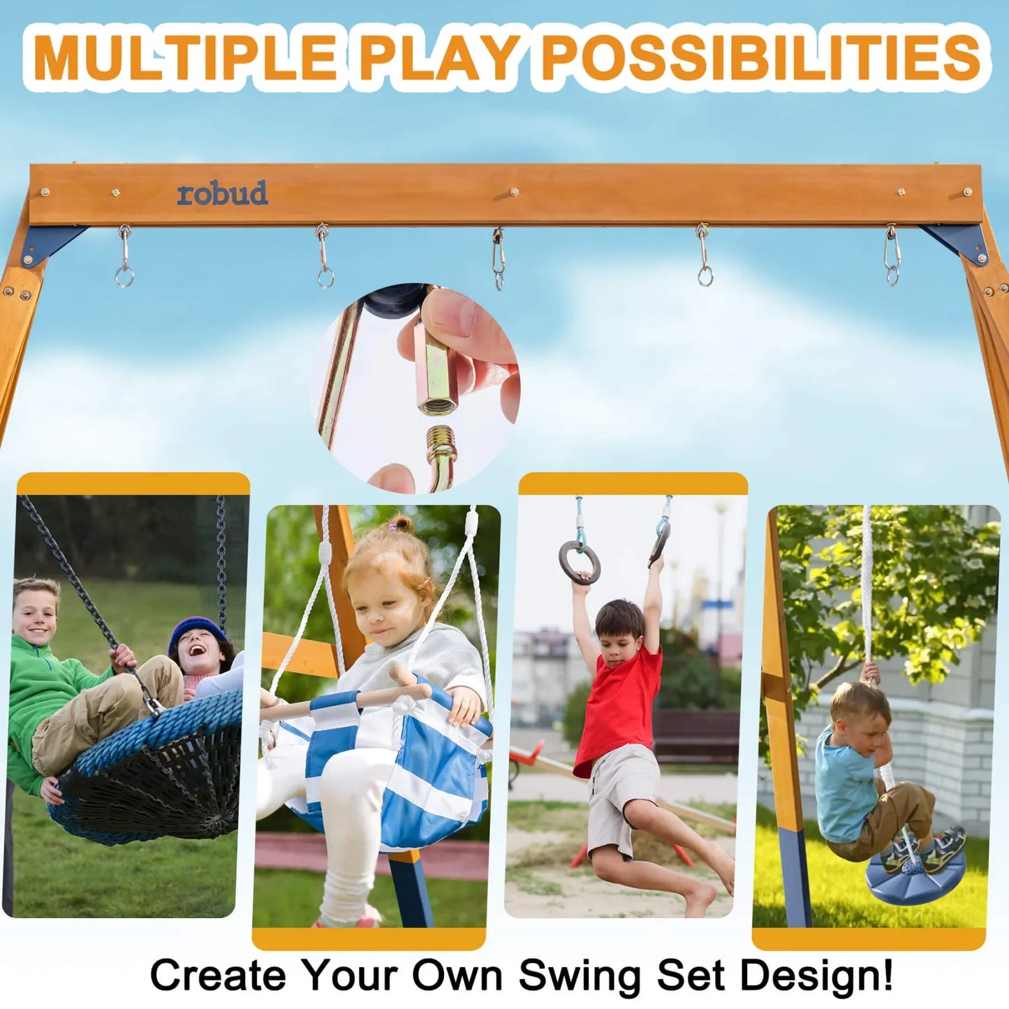 Robotime Robud 3-in-1 Playground Swing Set for Backyard Fun