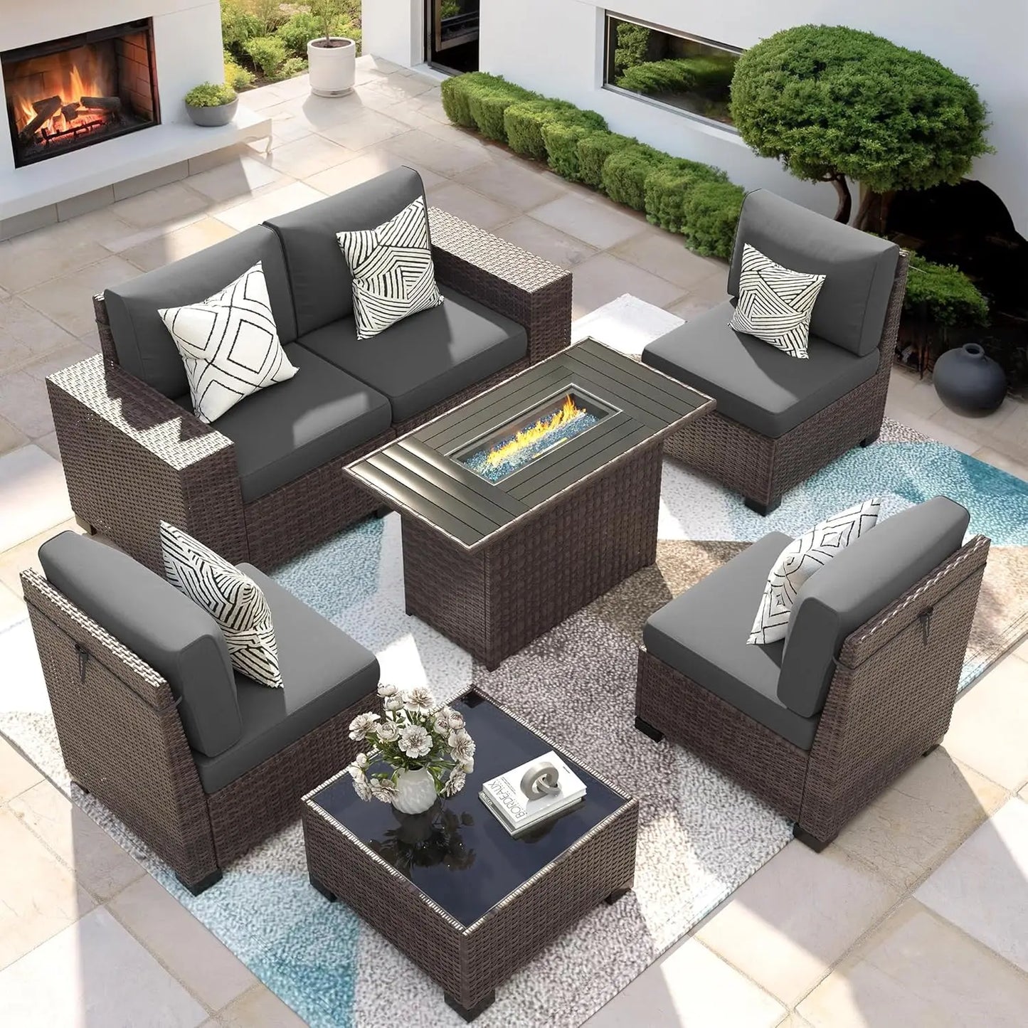 XIAOLANG Patio 7Piece Outdoor Wicker Sectional Set With Fire Pit