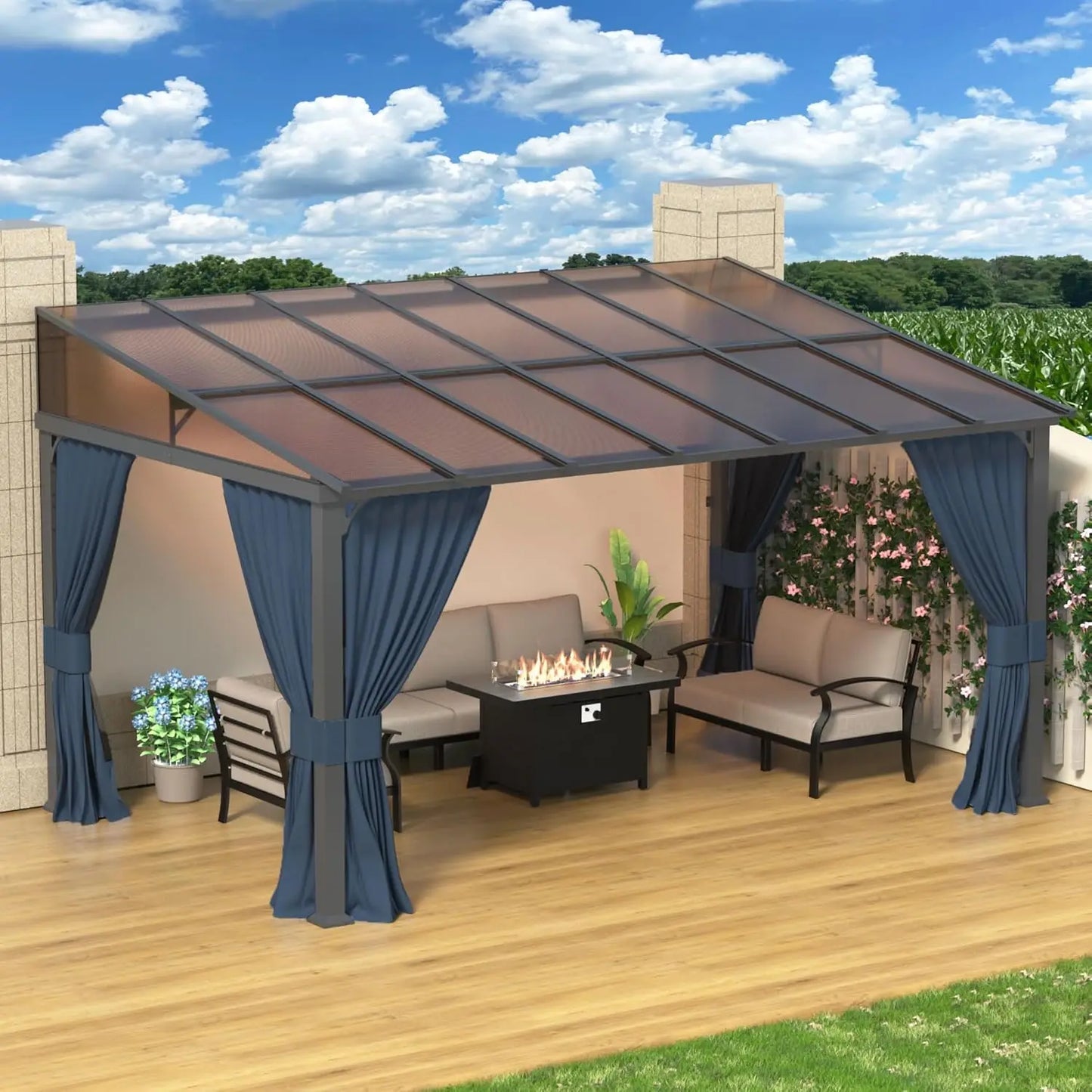 Lean To Gazebo Shelter With Curtains Outdoor Hardtop Pergola