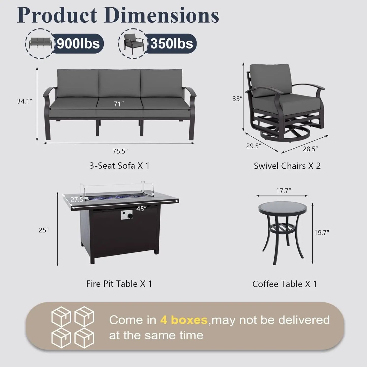 XIAOLANG Aluminum Patio Furniture Set With Propane Fire Pit Table