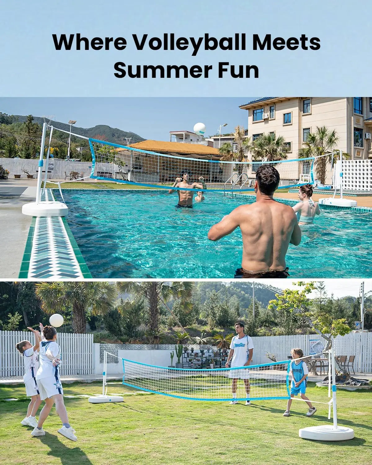 Pool Volleyball Set With Height Adjustable Net And Stainless Frame