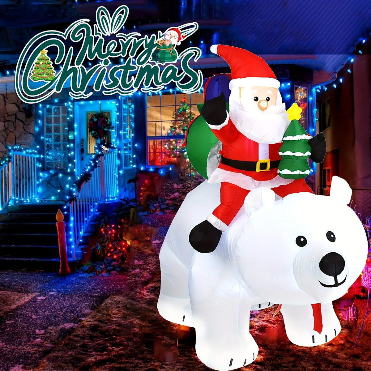 LED Inflatable Santa Riding Polar Bear With Shaking Head Decor