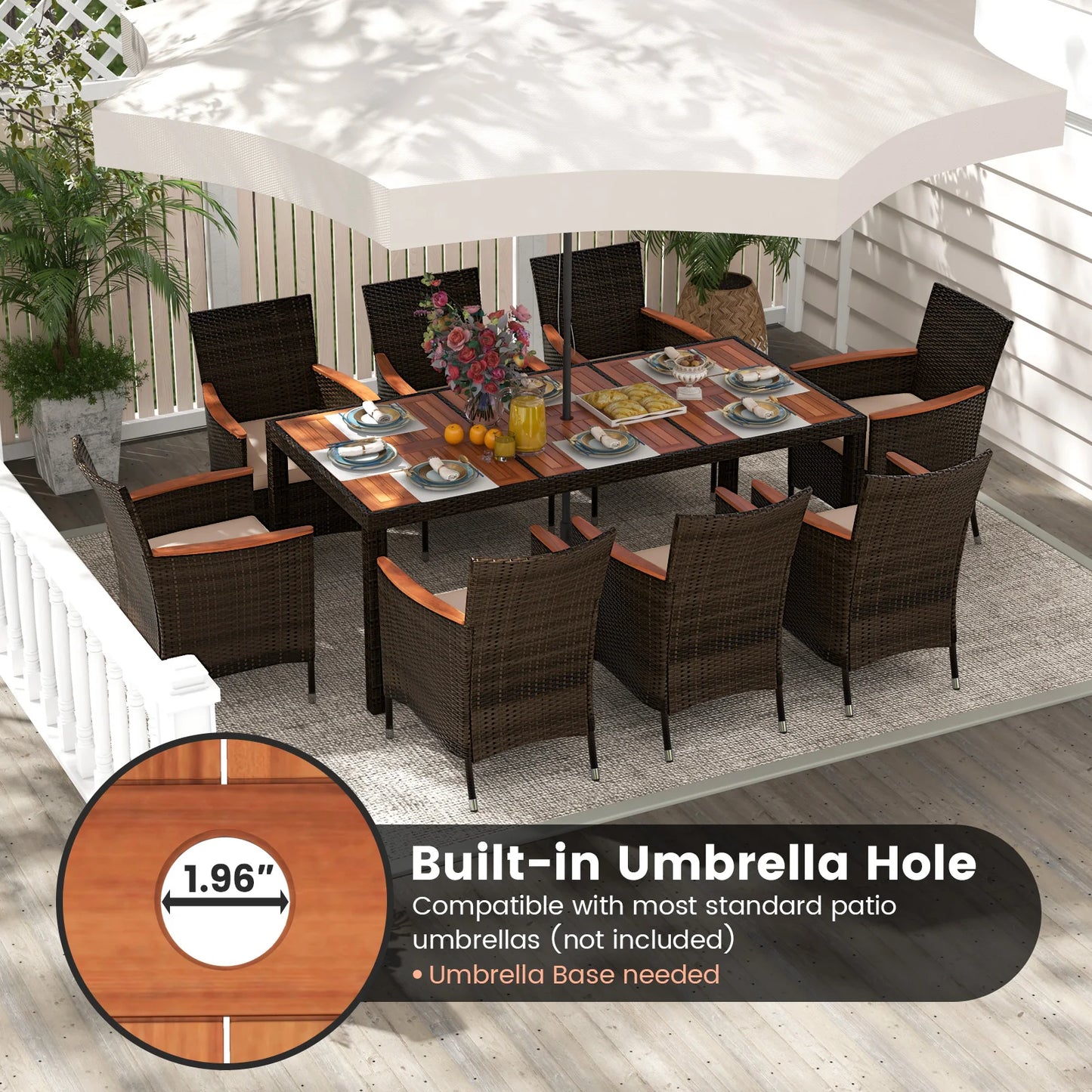 HOMASIS 9-Piece Patio Wicker Dining Set With Acacia Table