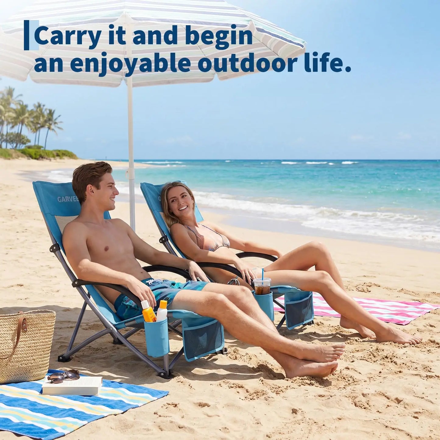 HiMISS High Back Folding Beach Chair With Cup Holder