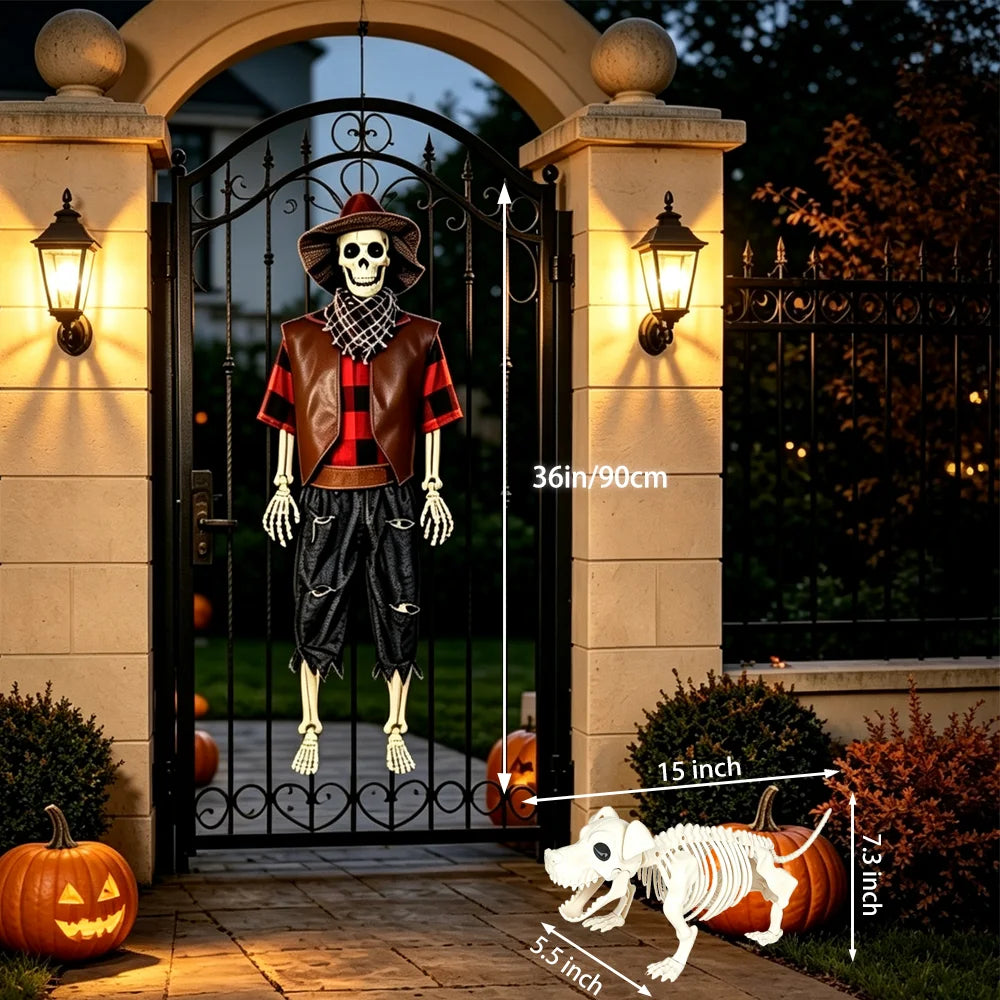 Posable Cowboy Skeleton and Dog Halloween Yard Decorations