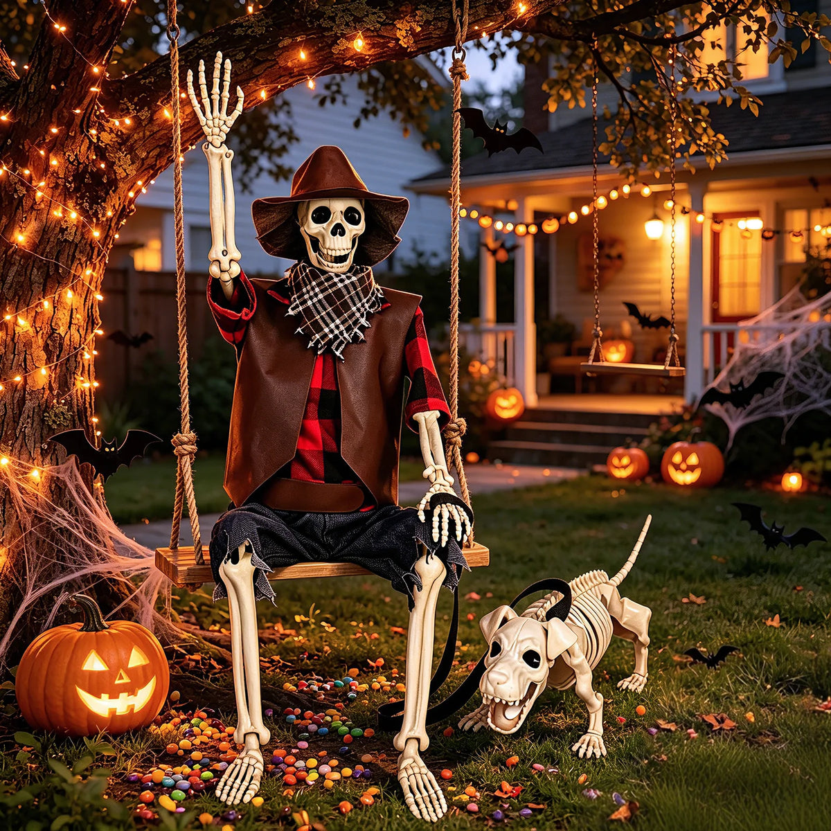 Posable Cowboy Skeleton and Dog Halloween Yard Decorations