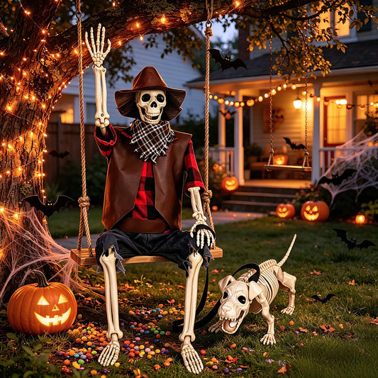 Posable Cowboy Skeleton and Dog Halloween Yard Decorations