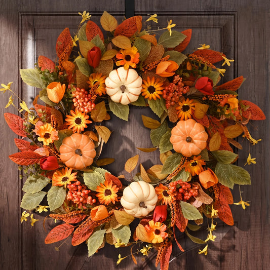 WAIPFARU Artificial Fall Wreath With Pumpkin for Thanksgiving Home Decor