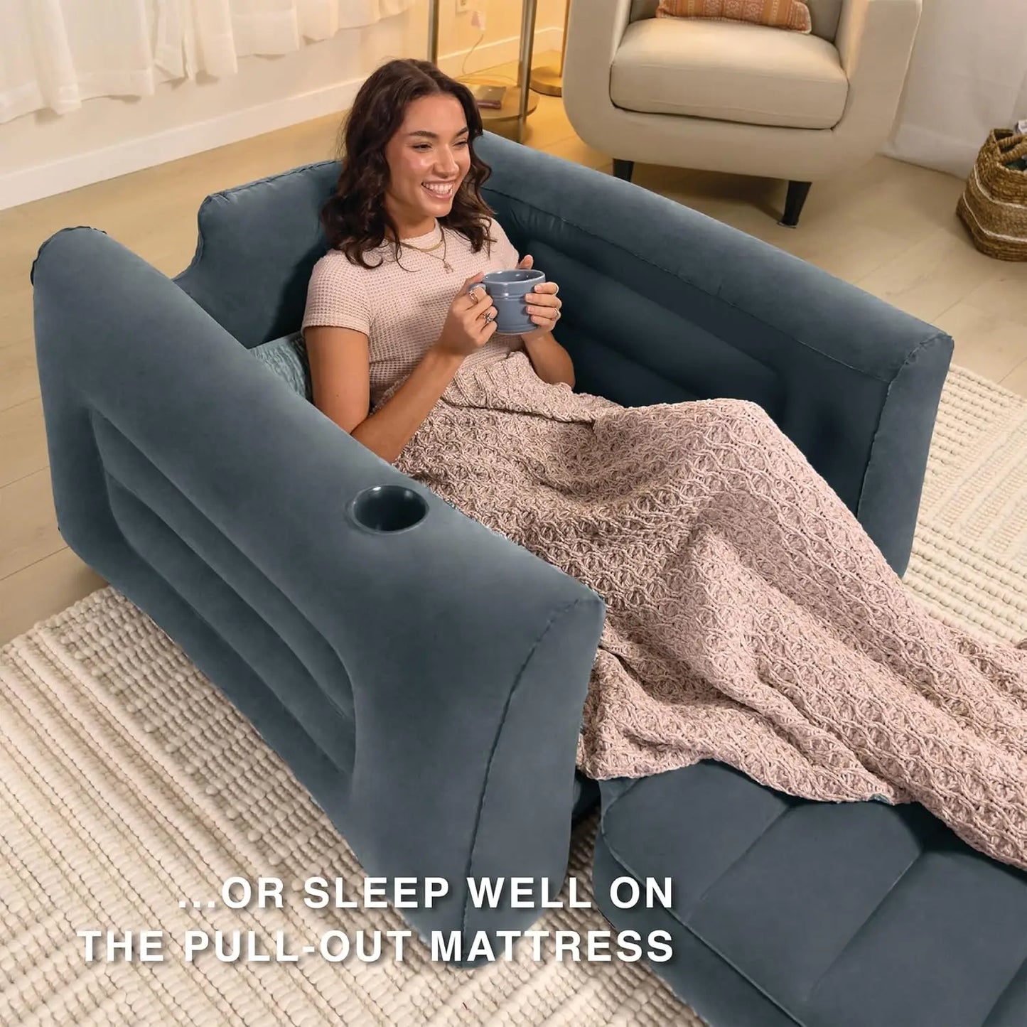 Inflatable Pull-Out Chair With Cupholder And Velvety Surface 2-In-1 Valve