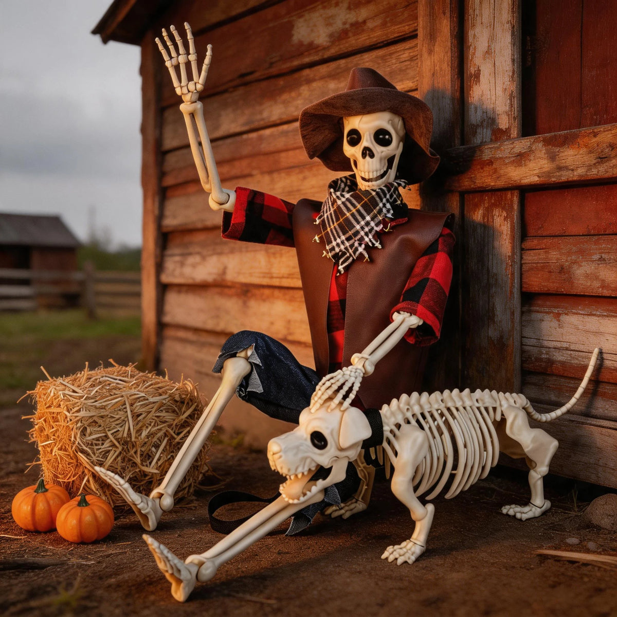 Posable Cowboy Skeleton and Dog Halloween Yard Decorations