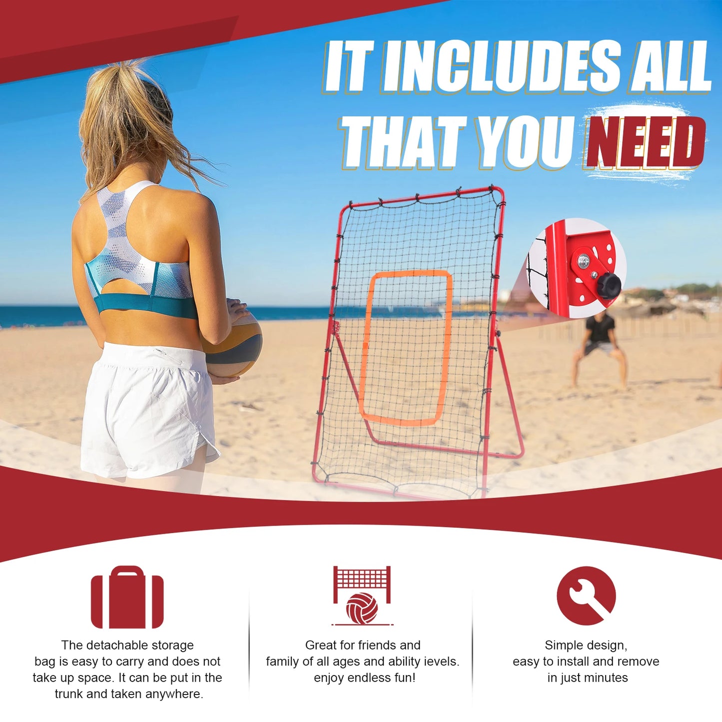 Volleyball Rebounder Net Practice Heavy Duty Steel Frame Adjustable Angles
