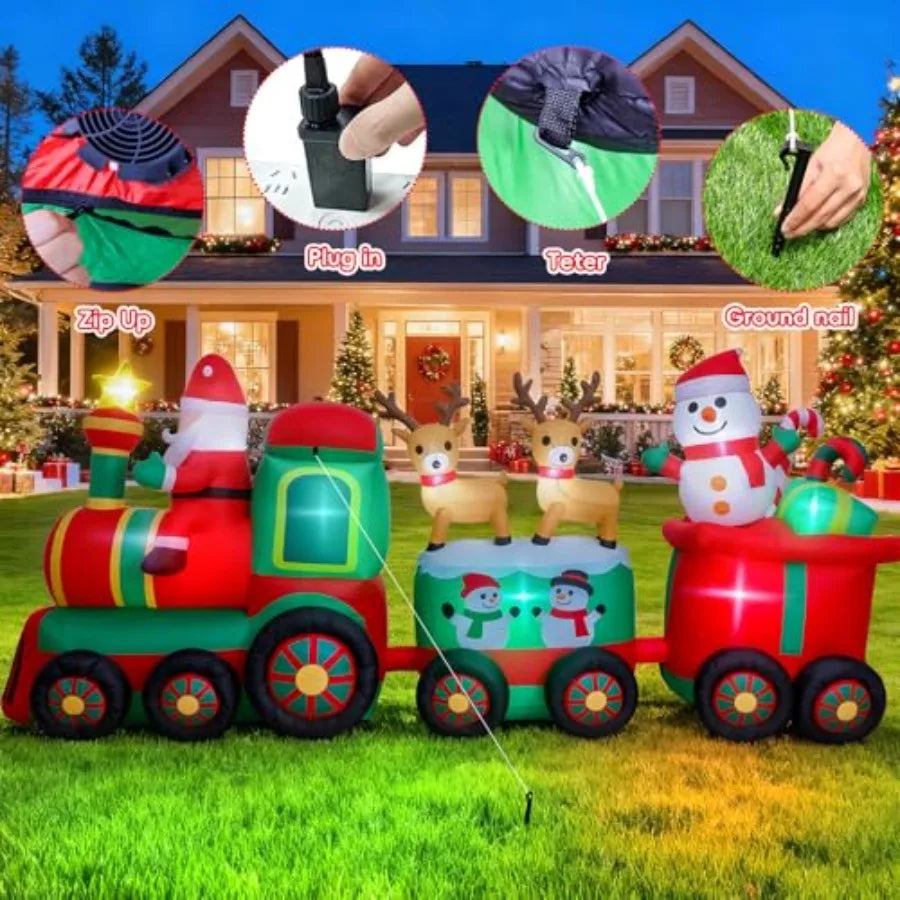OLOEY Outdoor Christmas Inflatable Train With Santa Reindeer And Snowman