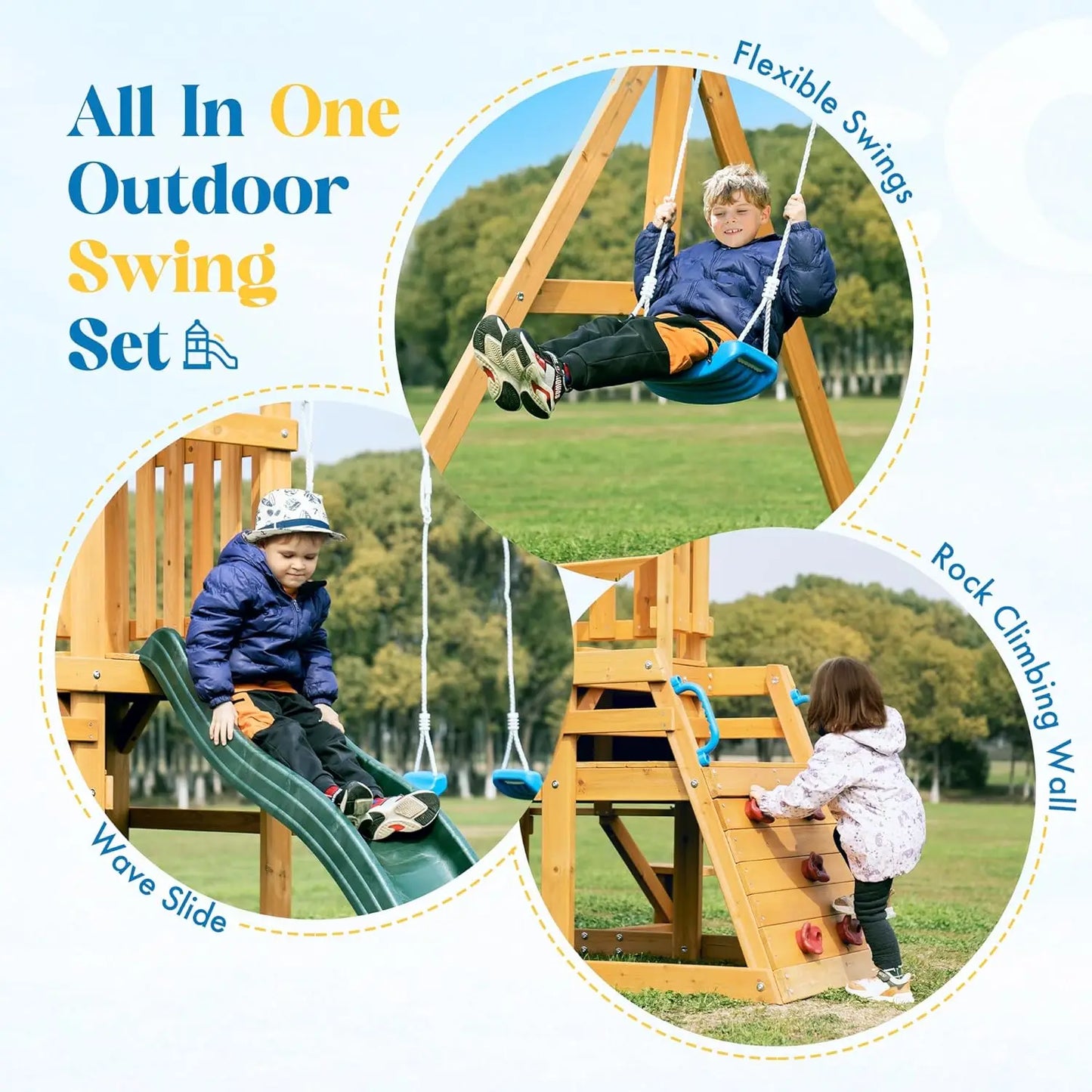 Rolife Robud Wooden Swing Set With Dual Swings And Fort