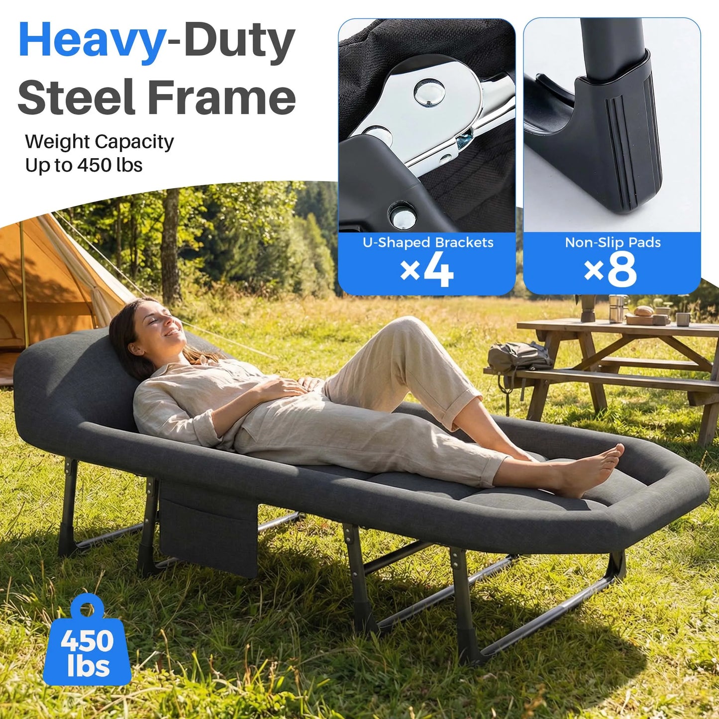 JHK Folding Camping Bed With Mattress Cot 450 Lb Capacity