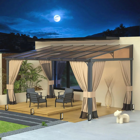 Lean To Gazebo Shelter With Curtains Outdoor Hardtop Pergola