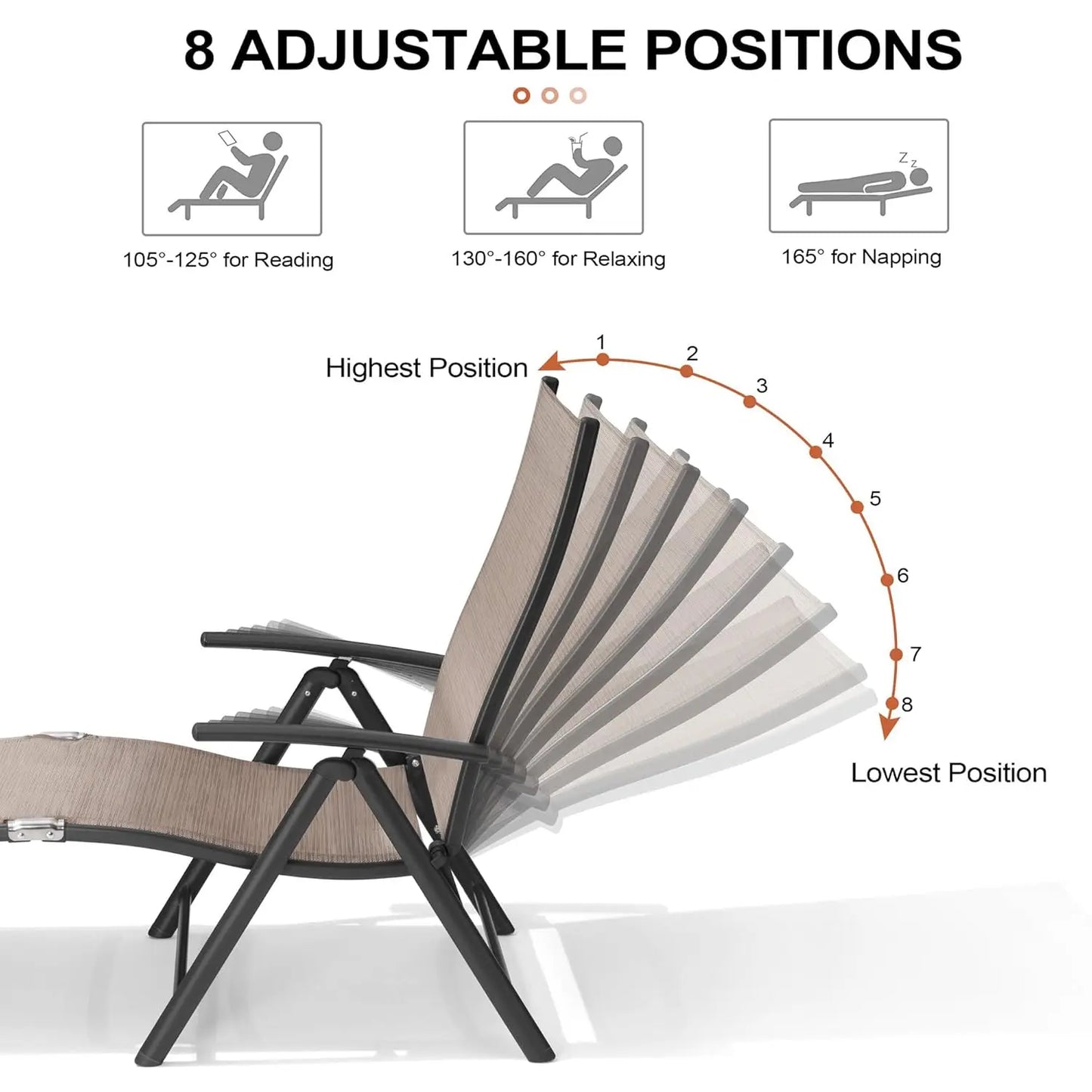 Adjustable 8-Position Aluminum Folding Chaise Lounge Outdoor Chair Set